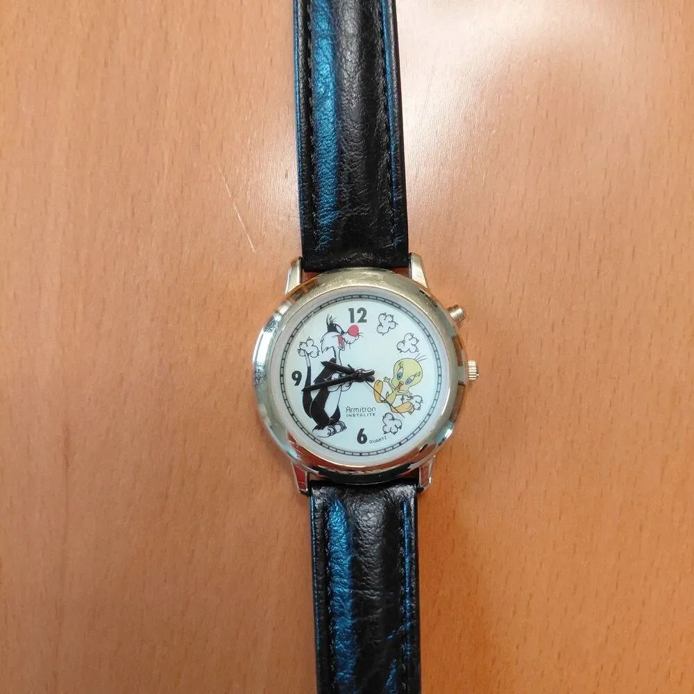 VTG 1995 Armitron Instalite Looney Tunes Sylvester Tweety Watch Leather Band